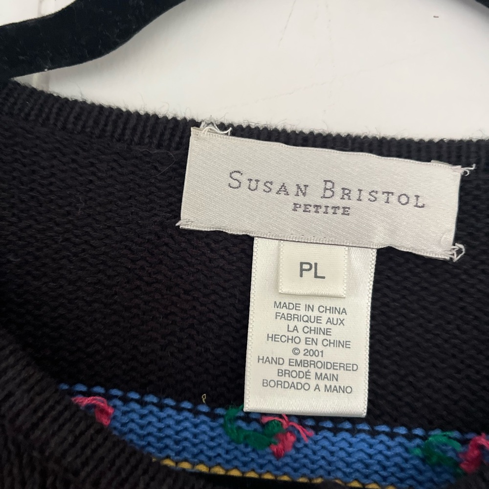 Susan Bristol Petites Colorful Black Embroidered Cats Sweater Cardigan Sz PLarge - Picture 4 of 12